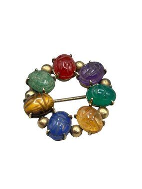 Vintage Scarab Pin Brooch Carved Gemstones Egyptian Revival Gold Filled Circle
